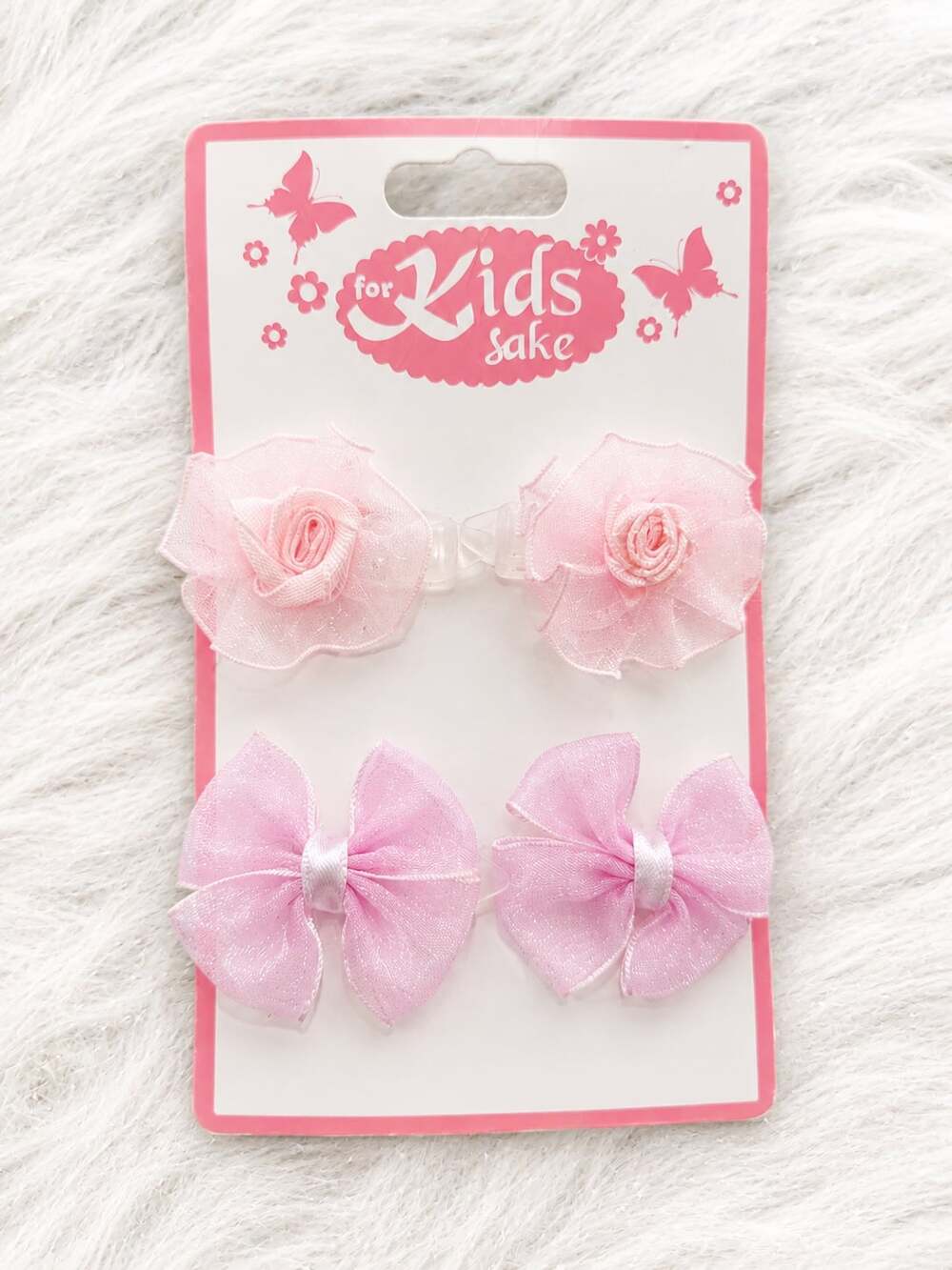 For Kids Sake Pink Organza Rose and Bow Hair Clip Set